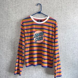 Women’s Santa Cruz Other Dot Front Blue, Yellow & Red Stripe Long Sleeve T-Shirt